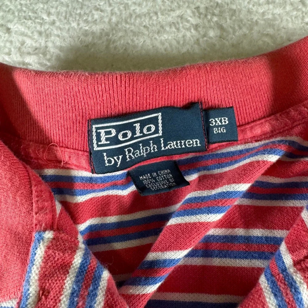 Vintage Polo Ralph Lauren 3XB Big Pink Blue Striped Polo Shirt Collar Button